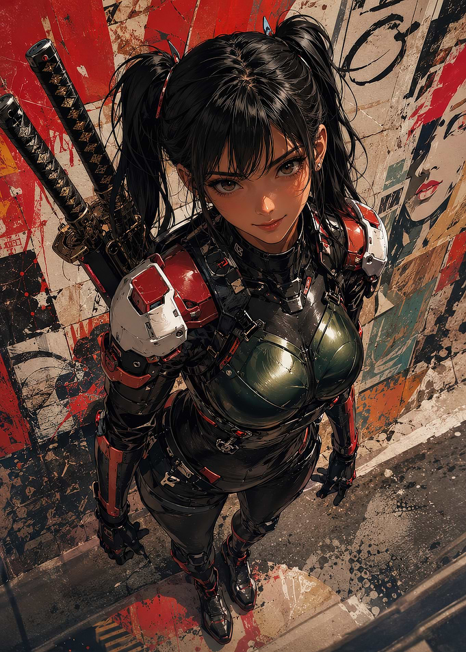 Cyberpunk Anime Warrior with Twin Katanas
