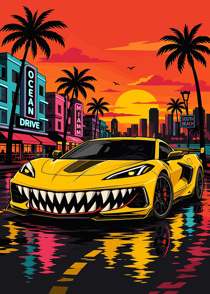 Yellow Car with Shark Teeth Grille