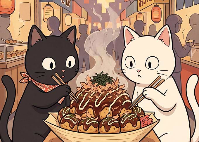 Cats Eating Takoyaki at Street Market