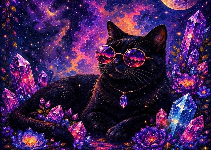 Cosmic Black Cat with Crystals