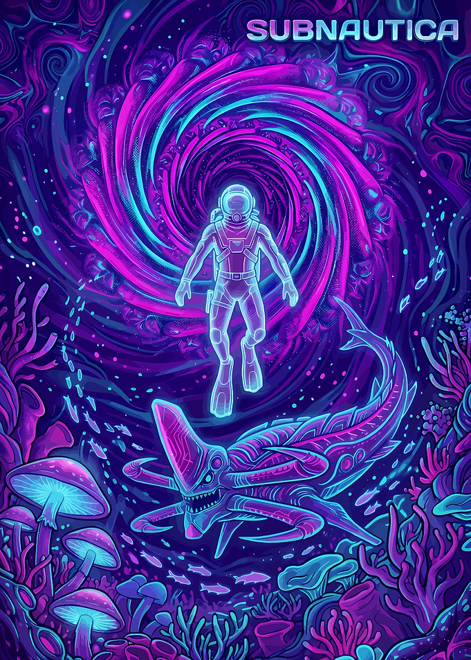 Subnautica Neon Underwater Adventure Poster
