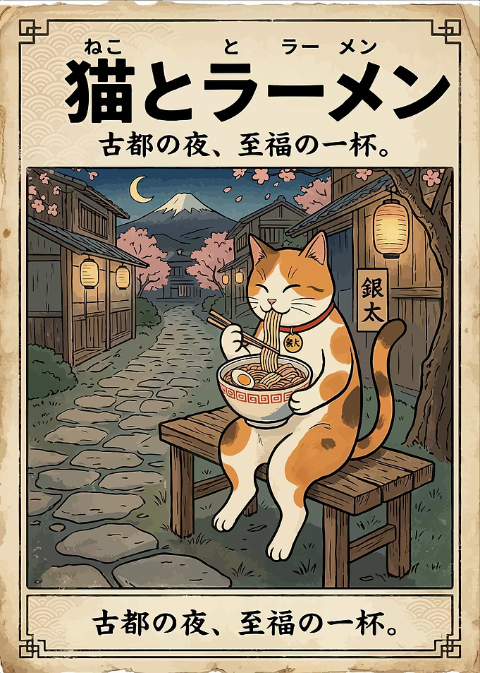 Cat Eating Ramen in Japan