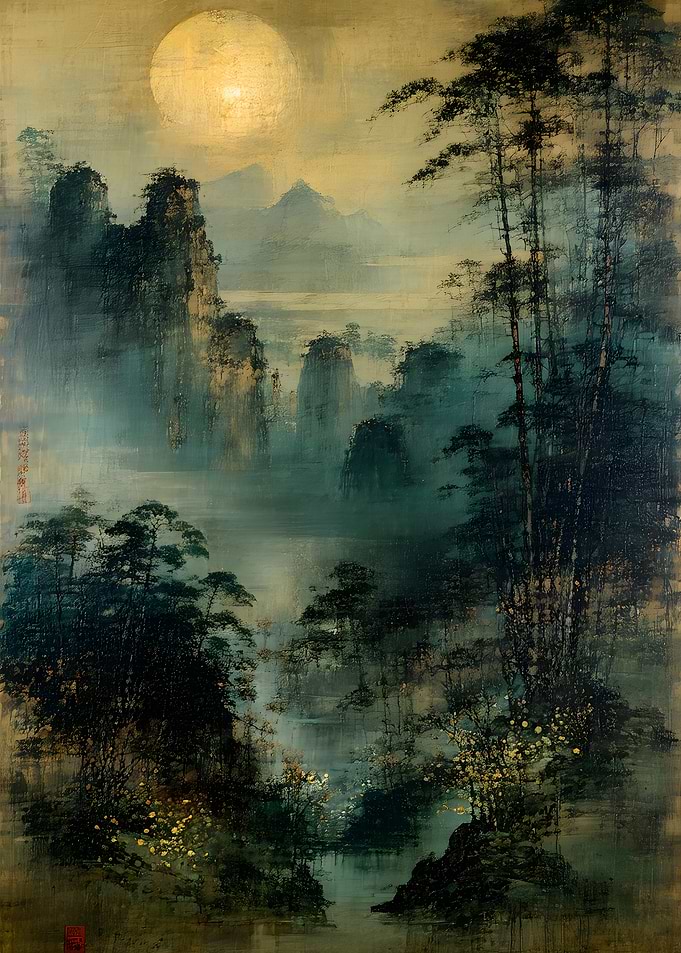 Ethereal Moonlit Mountain Landscape Painting