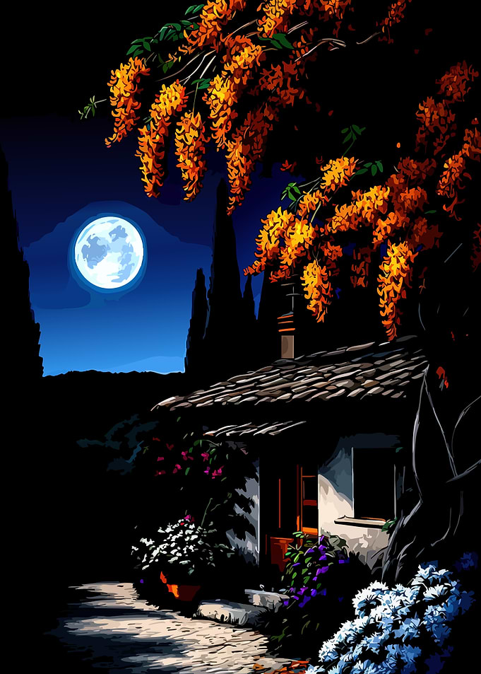 Moonlit Cottage Garden at Night