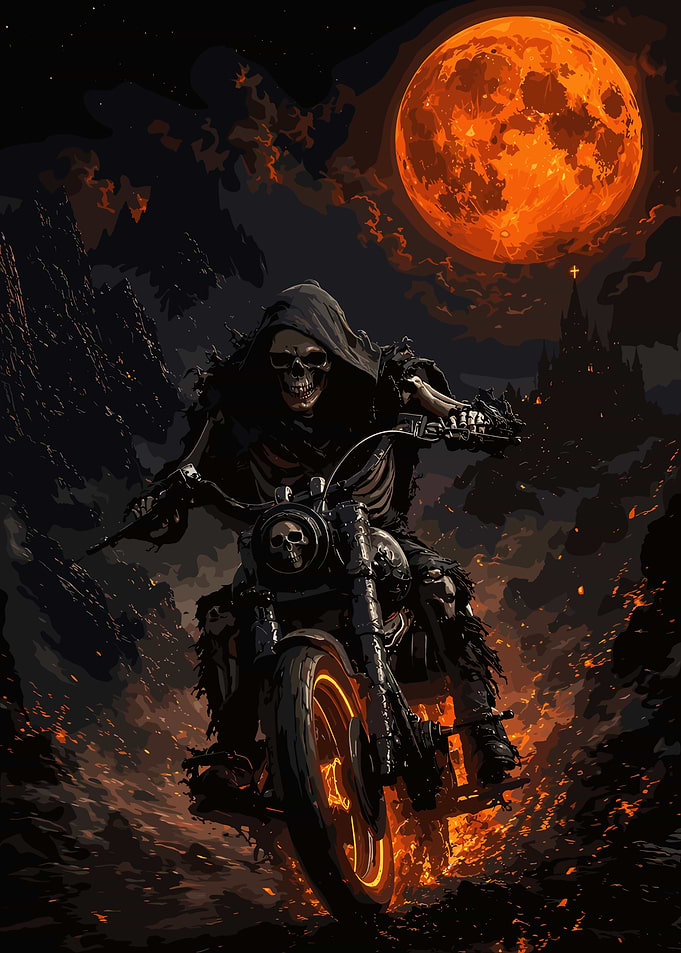 Grim Reaper Riding Flaming Motorcycle