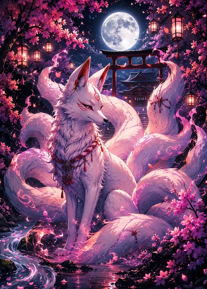 Nine-Tailed Kitsune Under Cherry Blossoms