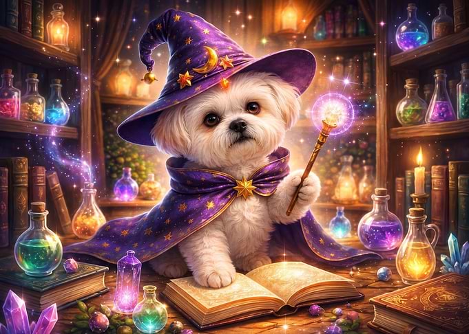 Cute Puppy Wizard in Magical Library
