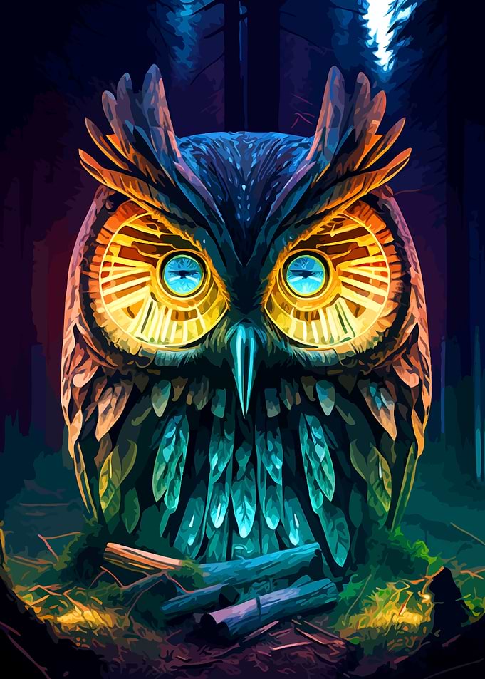 Glowing Mechanical Owl in Forest