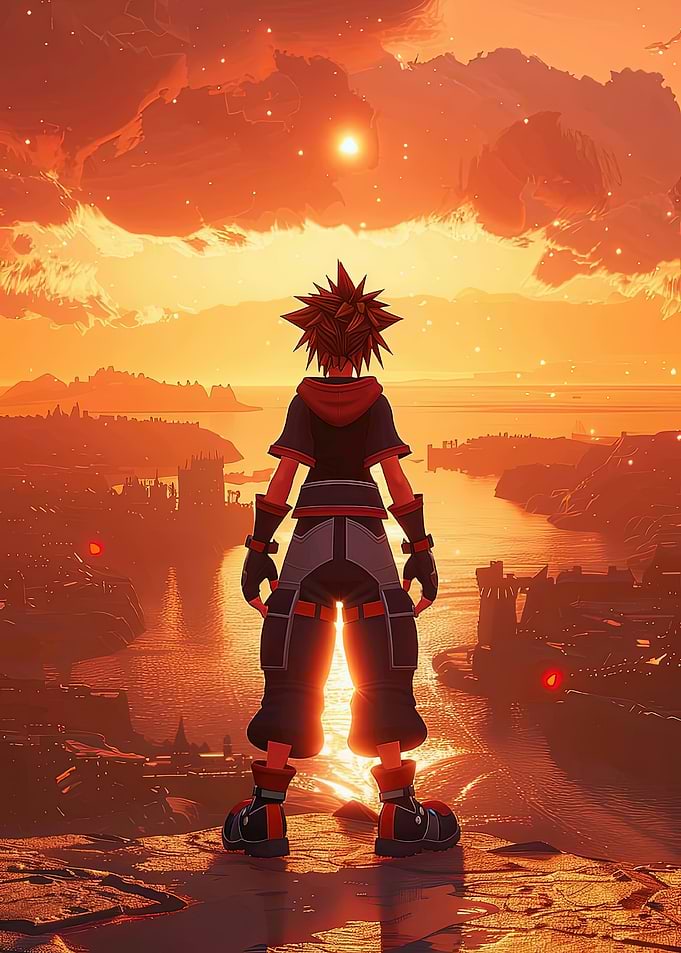 Sora Standing Overlooking Sunset Landscape