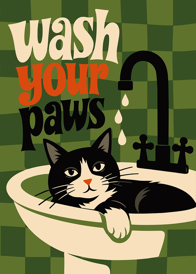 Wash Your Paws Cat Bathroom Poster