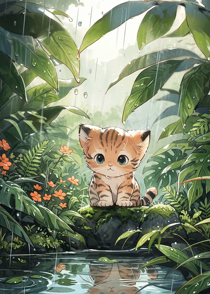 Cute Tiger Kitten in Rainy Jungle