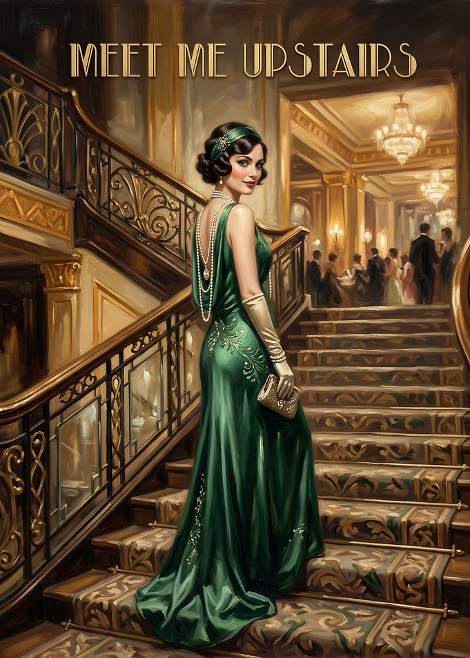 Elegant Woman in Green Art Deco Gown