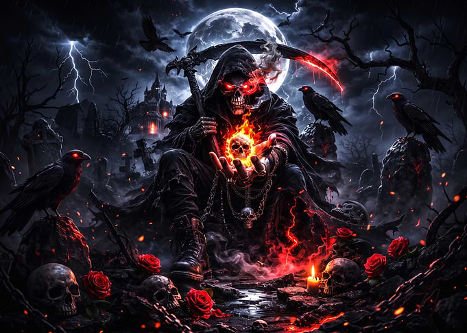 Grim Reaper Holding Flaming Skull