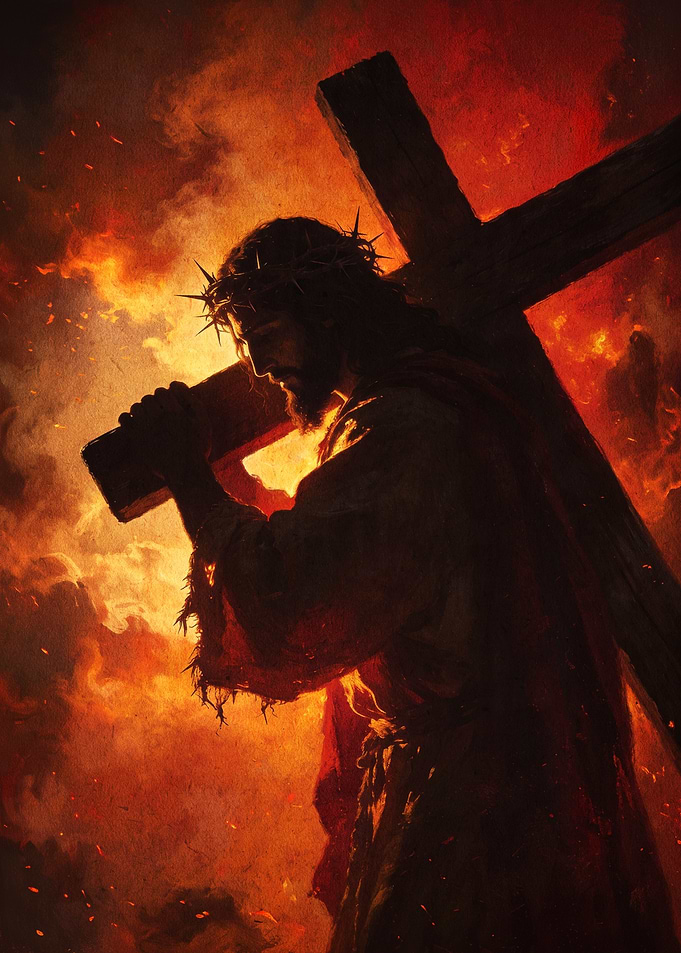 Jesus Carrying the Cross in Fire