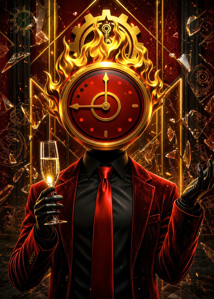 Clock-Headed Figure in Red Suit