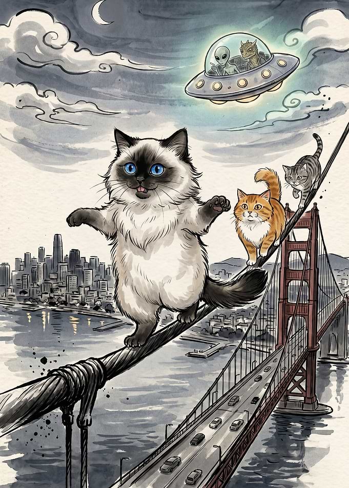 Cats Walking on Golden Gate Bridge