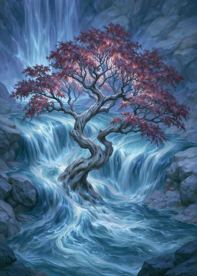 Glowing Red Tree in Waterfall