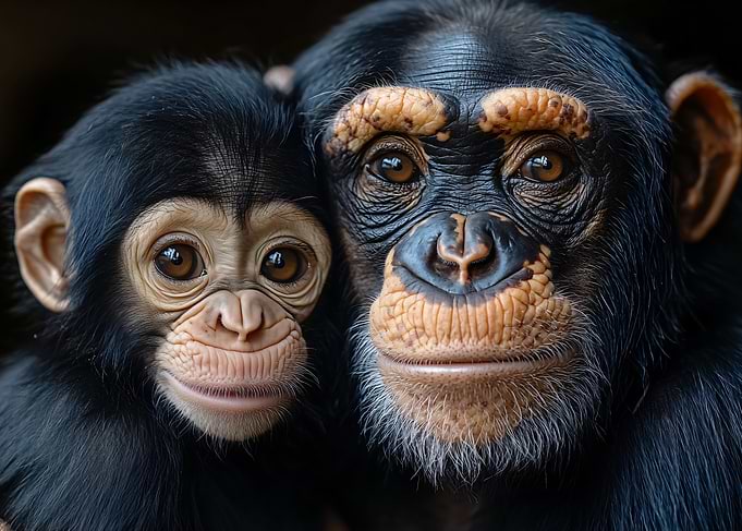 Close-up Portrait of Chimpanzee Mother and Baby