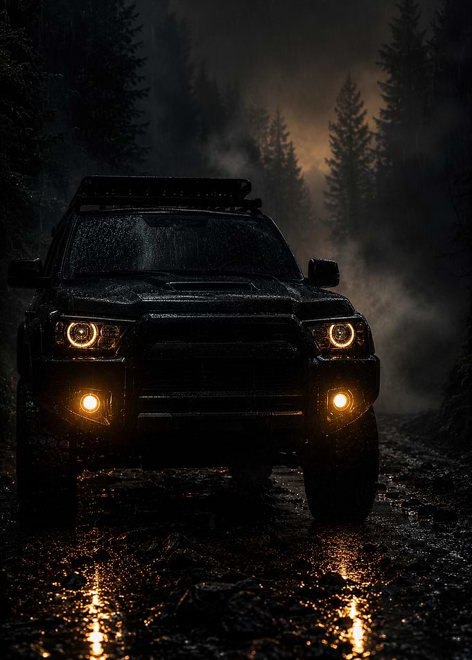 Black Off-Road SUV in Rainy Forest