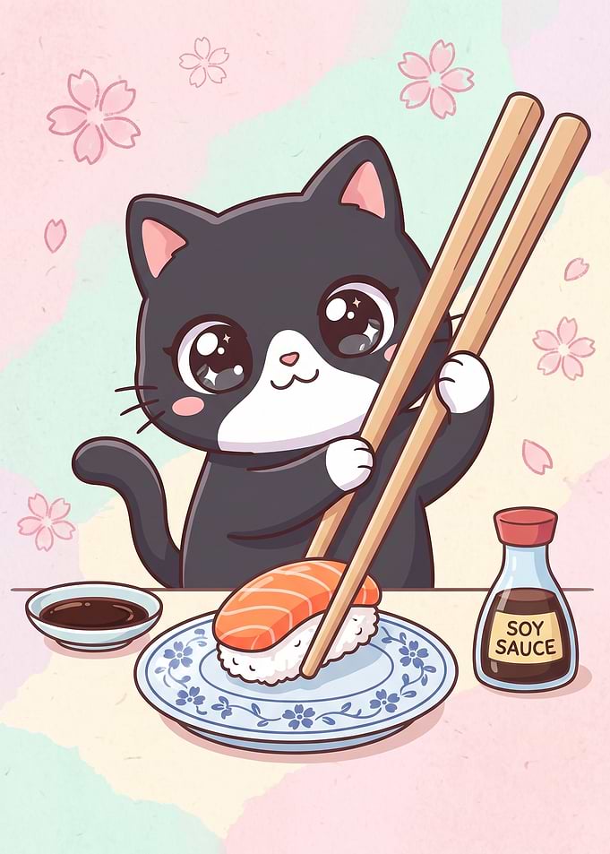 Cute Cat Eating Sushi Illustration