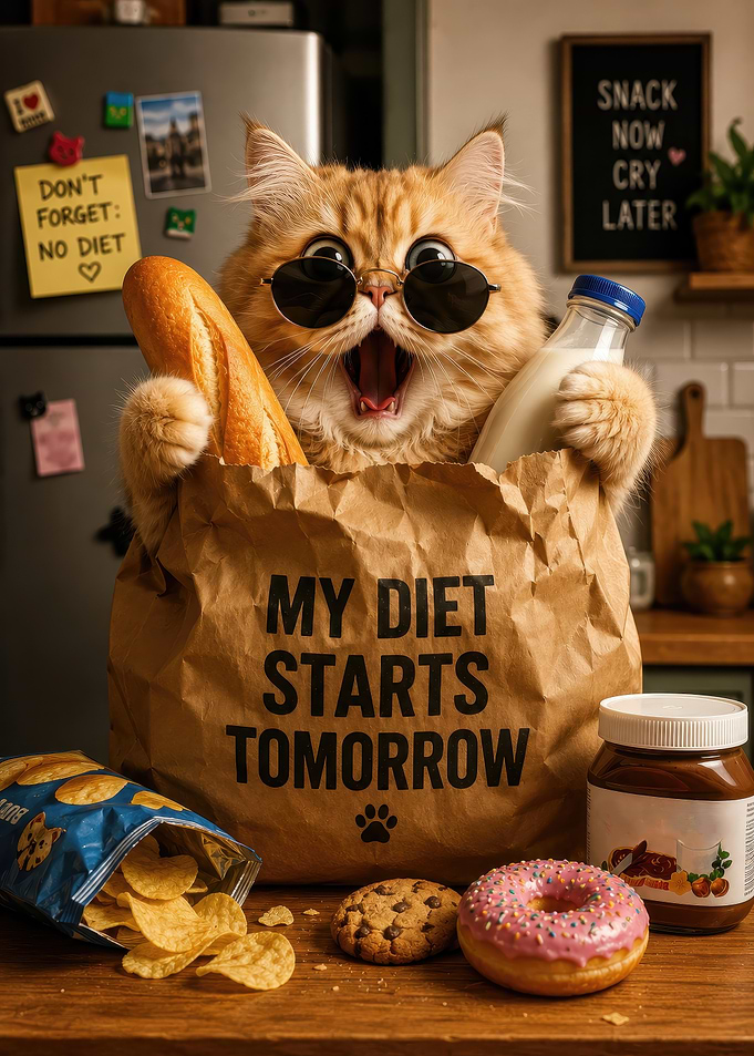 Funny Cat With Junk Food Groceries