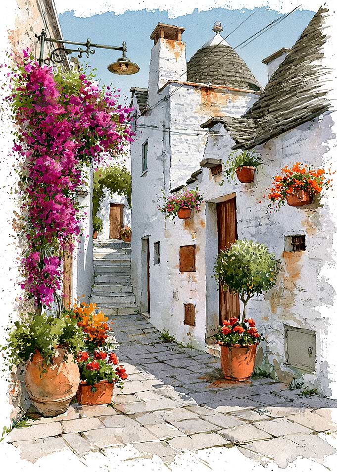 Watercolor Painting of Italian Trulli Street