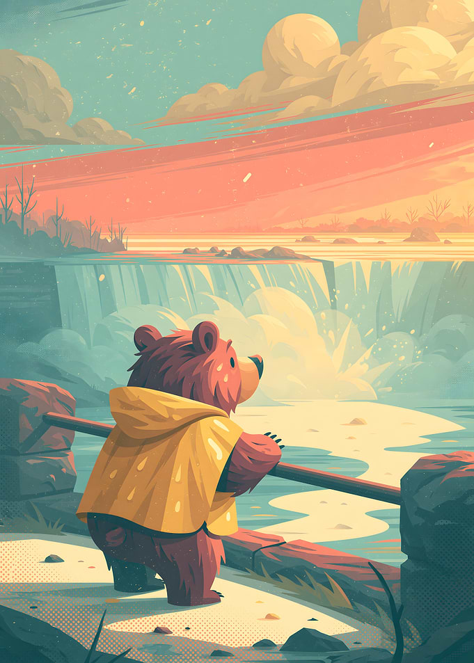 Bear in Yellow Raincoat at Waterfall