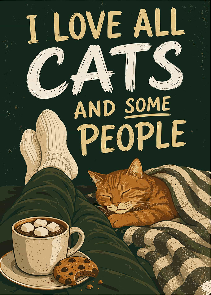 I Love All Cats and Some People Cozy Sleeping Ginger Cat Vintage Wall Art Poster
