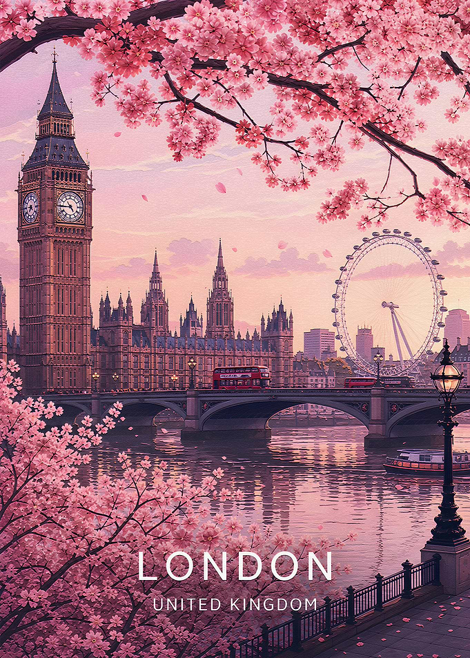 London Cityscape with Cherry Blossoms