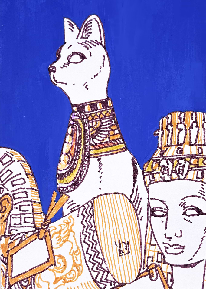 Egyptian Cat Statue and Pharaoh Illustration