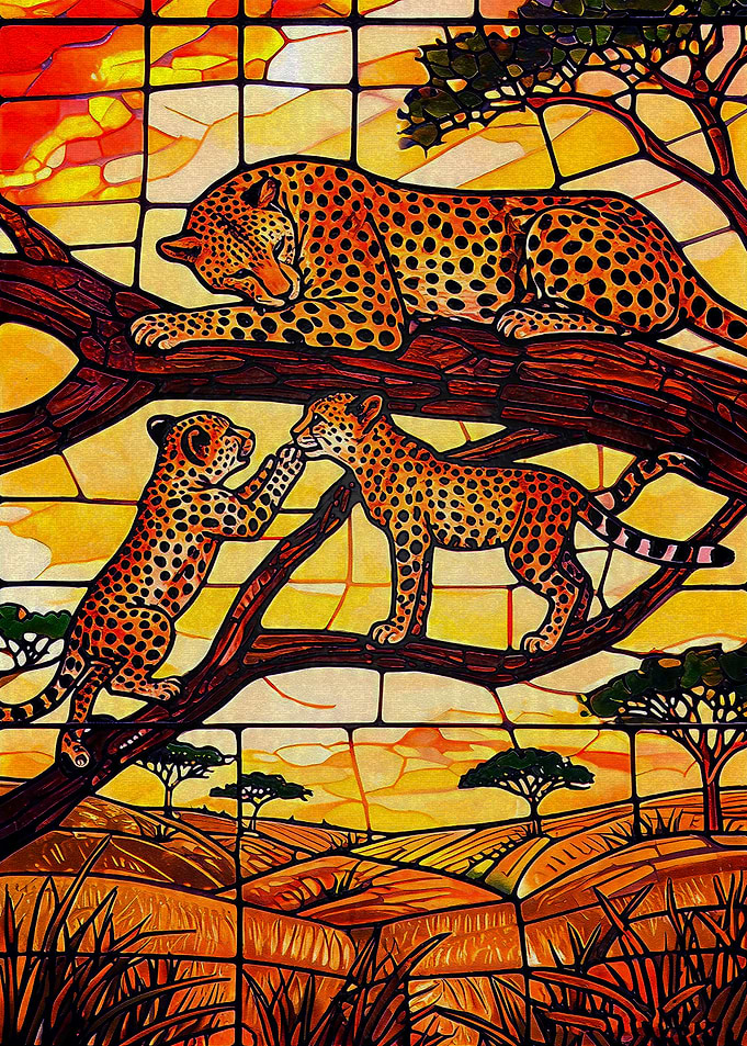 Stained Glass Cheetah Family Art