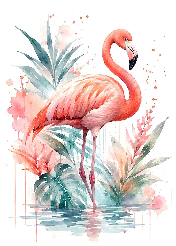 Watercolor Flamingo in Tropical Foliage