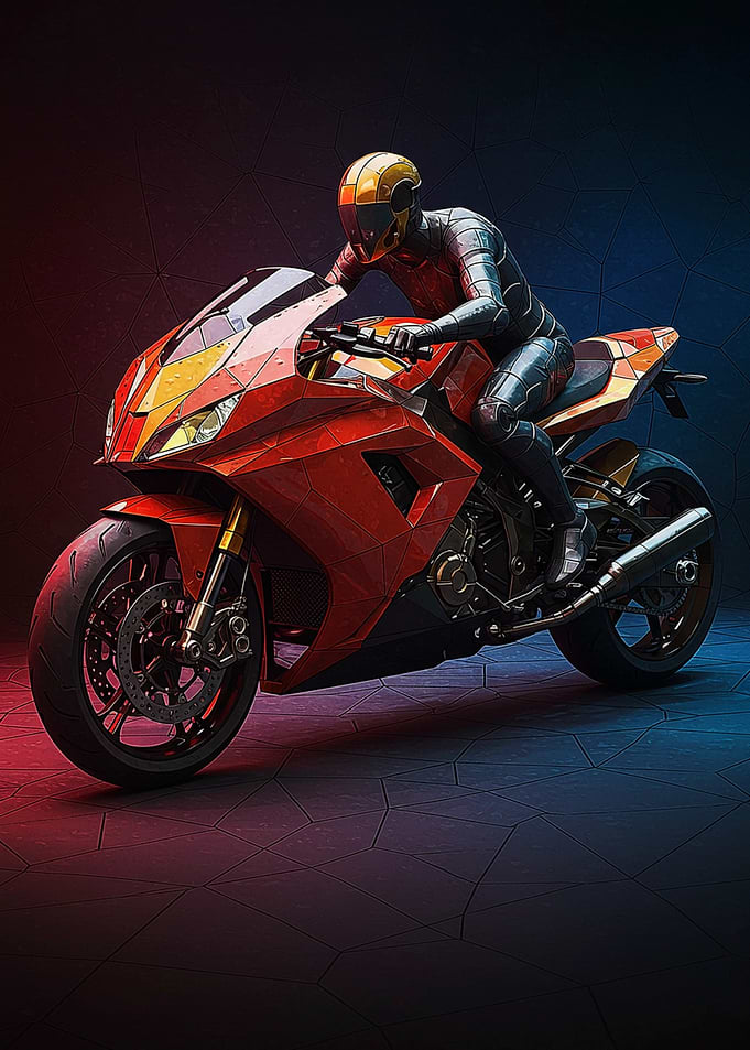 Futuristic Biker in Geometric Armor