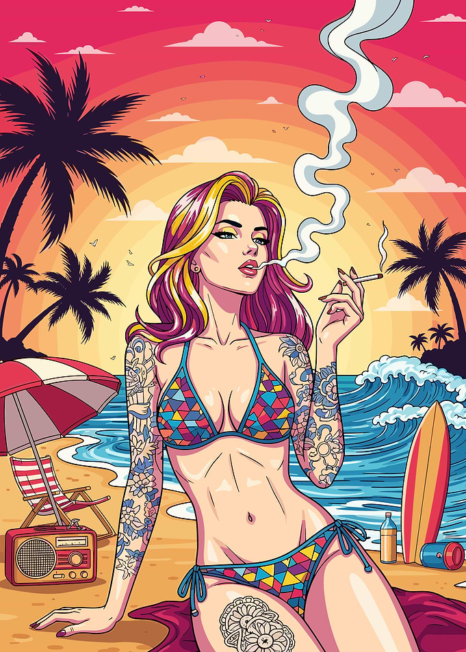Tattooed Woman Smoking on Beach