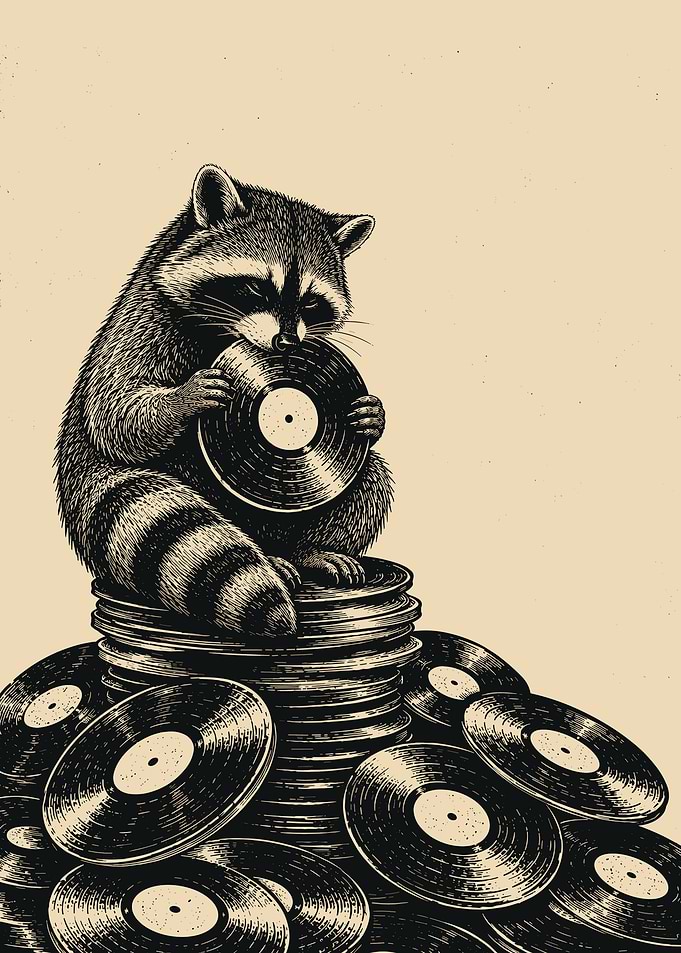 Vintage Raccoon Vinyl Collector Wall Art Black and Beige Music Lover Poster