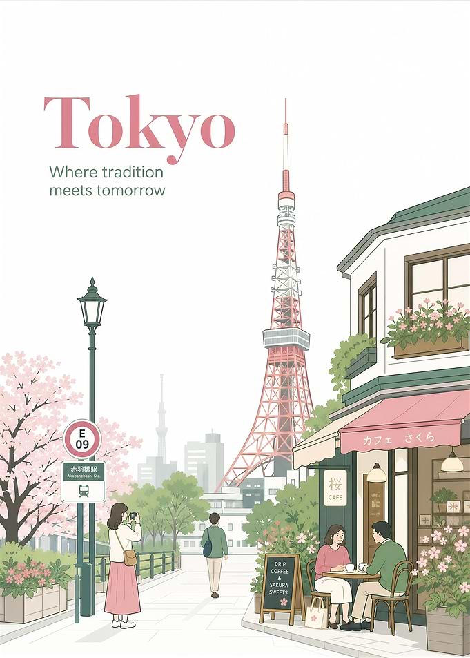 Tokyo Cityscape with Sakura Cafe