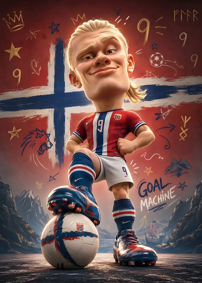 Erling Haaland Caricature Goal Machine Poster