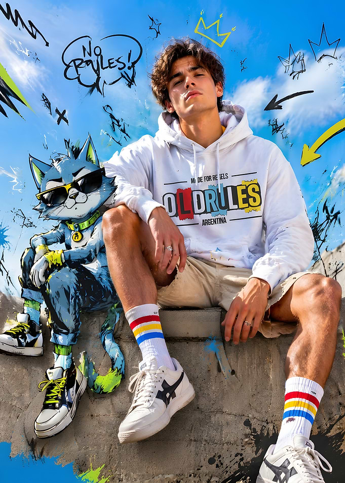 Young man wearing Old Rules hoodie