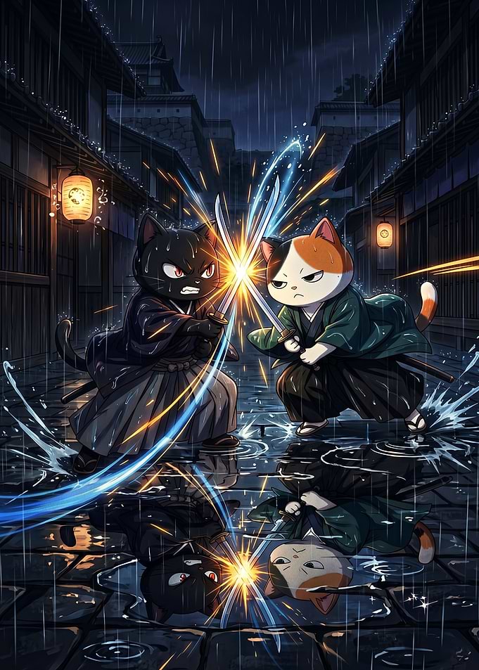 Samurai Cat Duel in the Rain