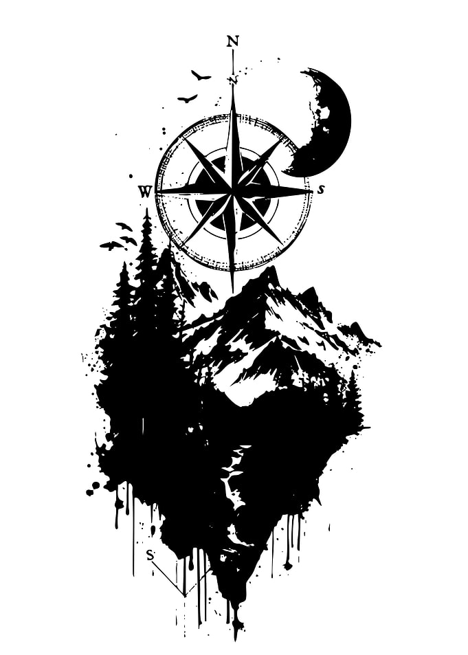 Mountain Compass Nature Tattoo Design