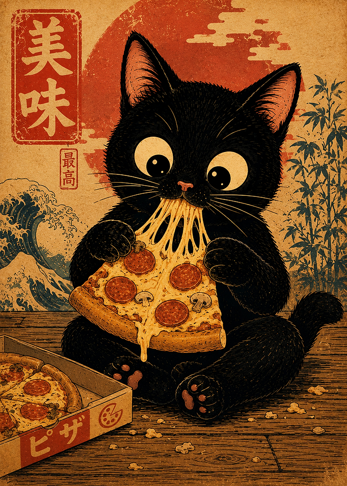 Cute Black Cat Eating Pizza