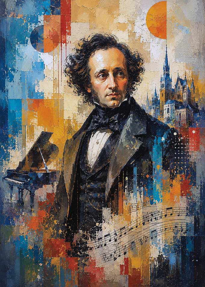 Felix Mendelssohn, German composer and pianist painting.