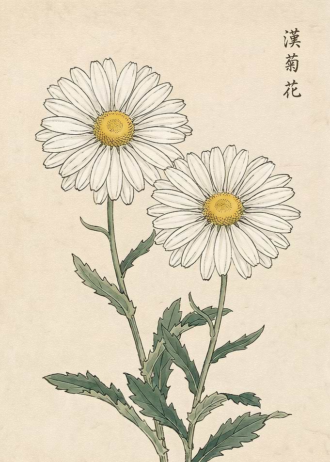 Vintage Botanical Illustration of Daisies