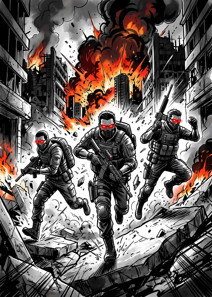 Soldiers Advancing Through War-Torn City