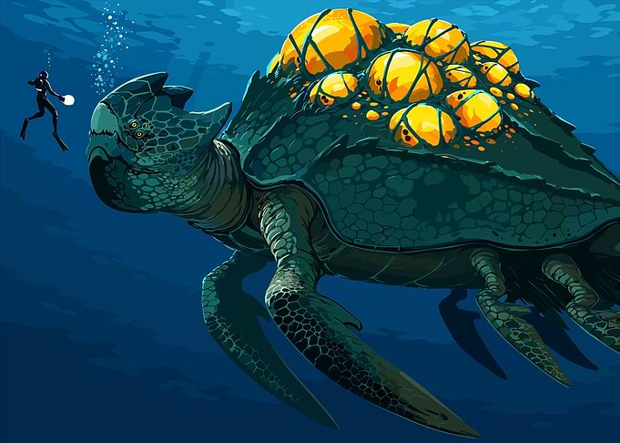 Diver Encountering Giant Sea Turtle