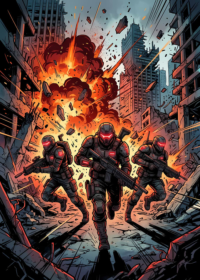 Futuristic Soldiers in War Zone