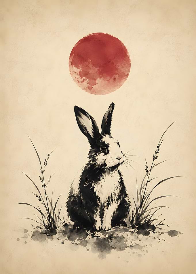 Minimalist Rabbit Red Sun Ink Wash Art
