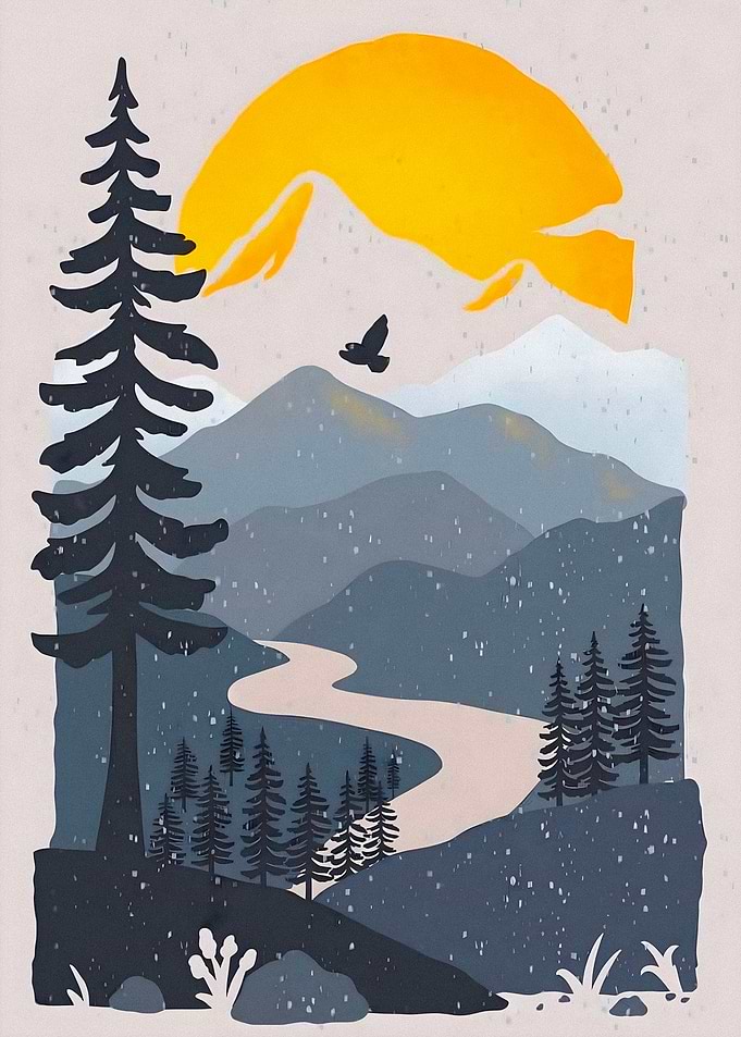 Minimalist Mountain Landscape with Pine Trees