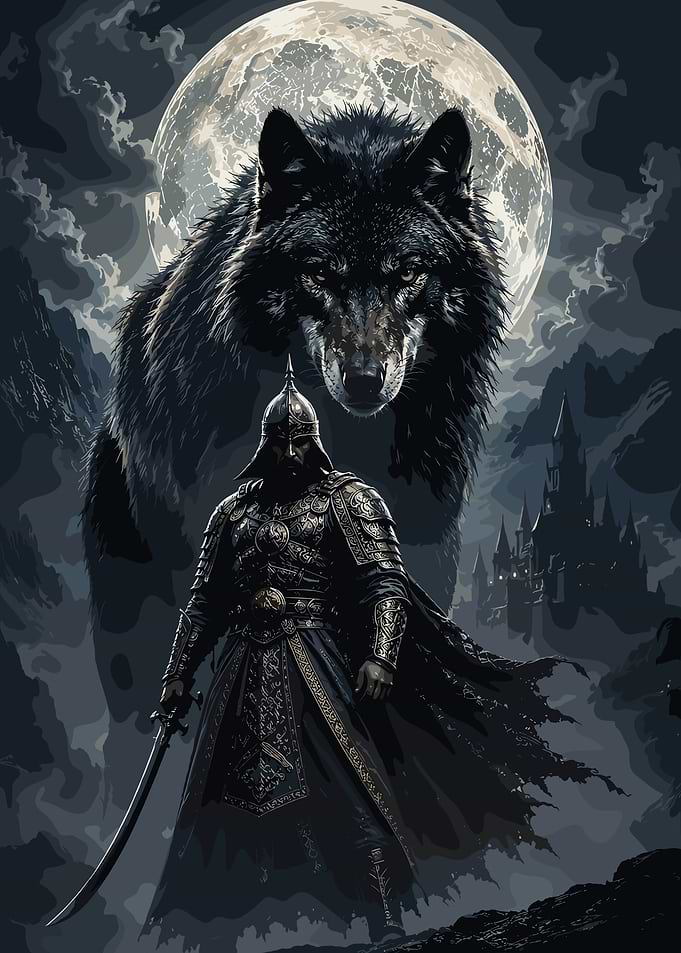Warrior and Giant Wolf Fantasy Art