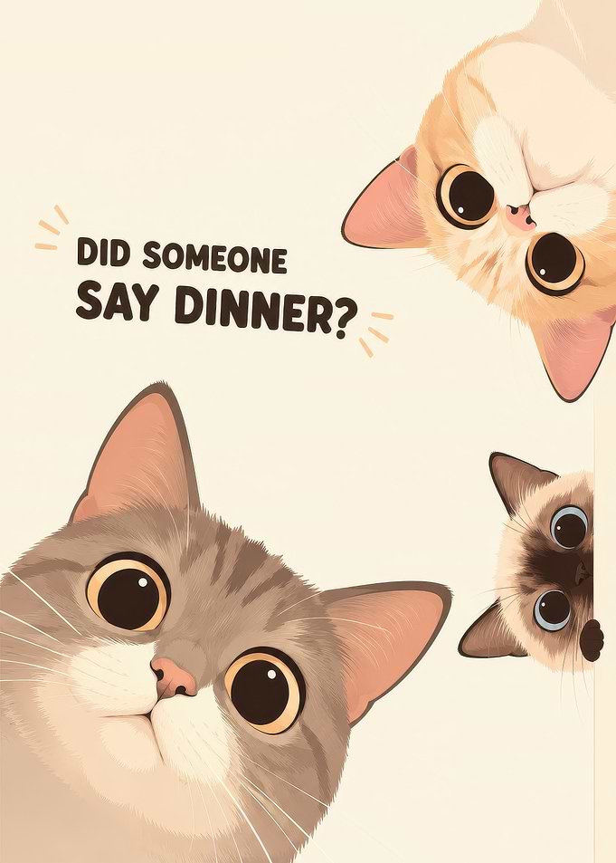 Three Curious Cats Asking for Dinner